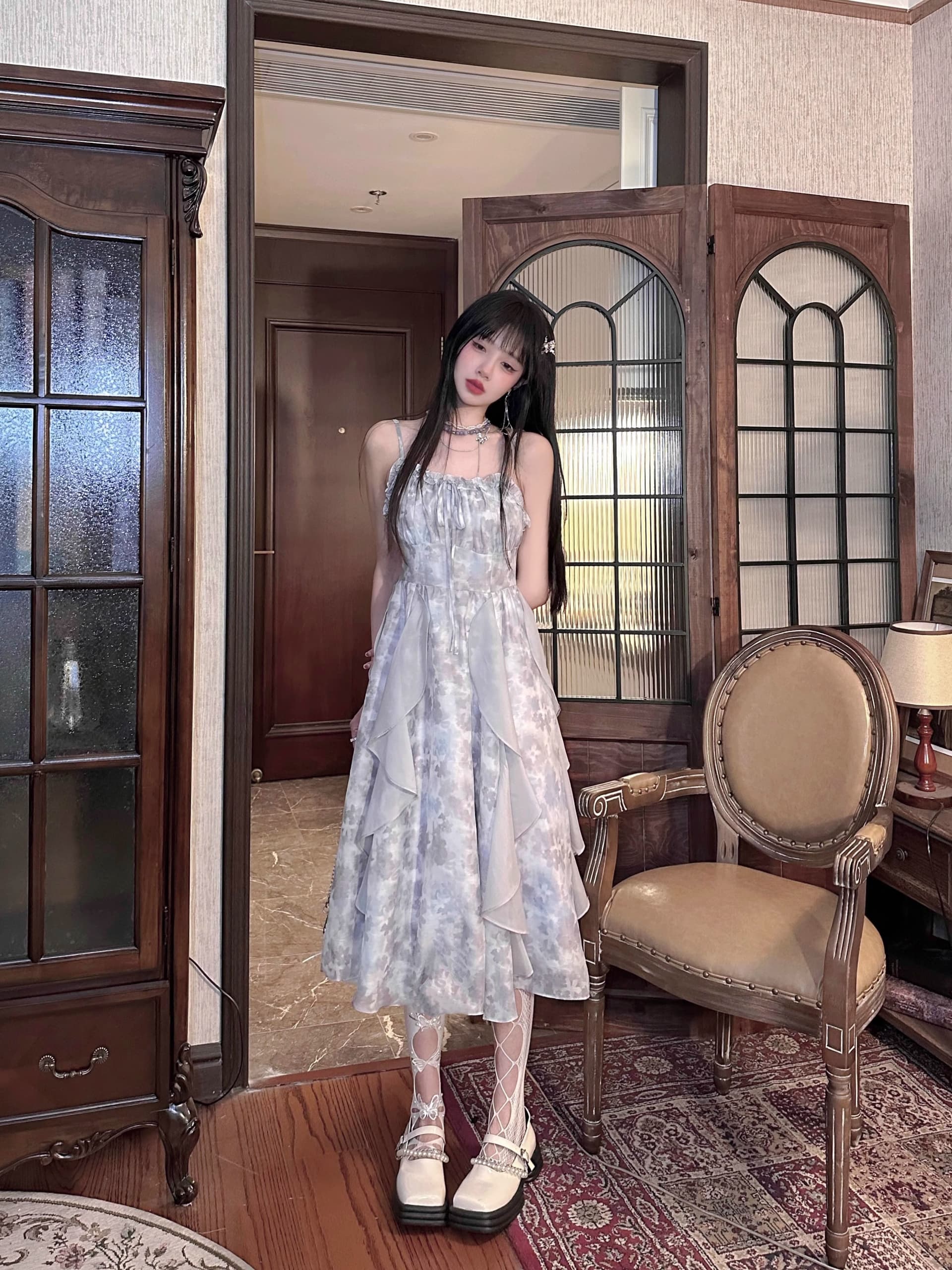 2026 새로운 연기 잉크 염색 회색 홀치기 염색 슬립 드레스 감기 센스 요정 치마 여름 오픈 가디건 투피스 세트 상세 이미지 6