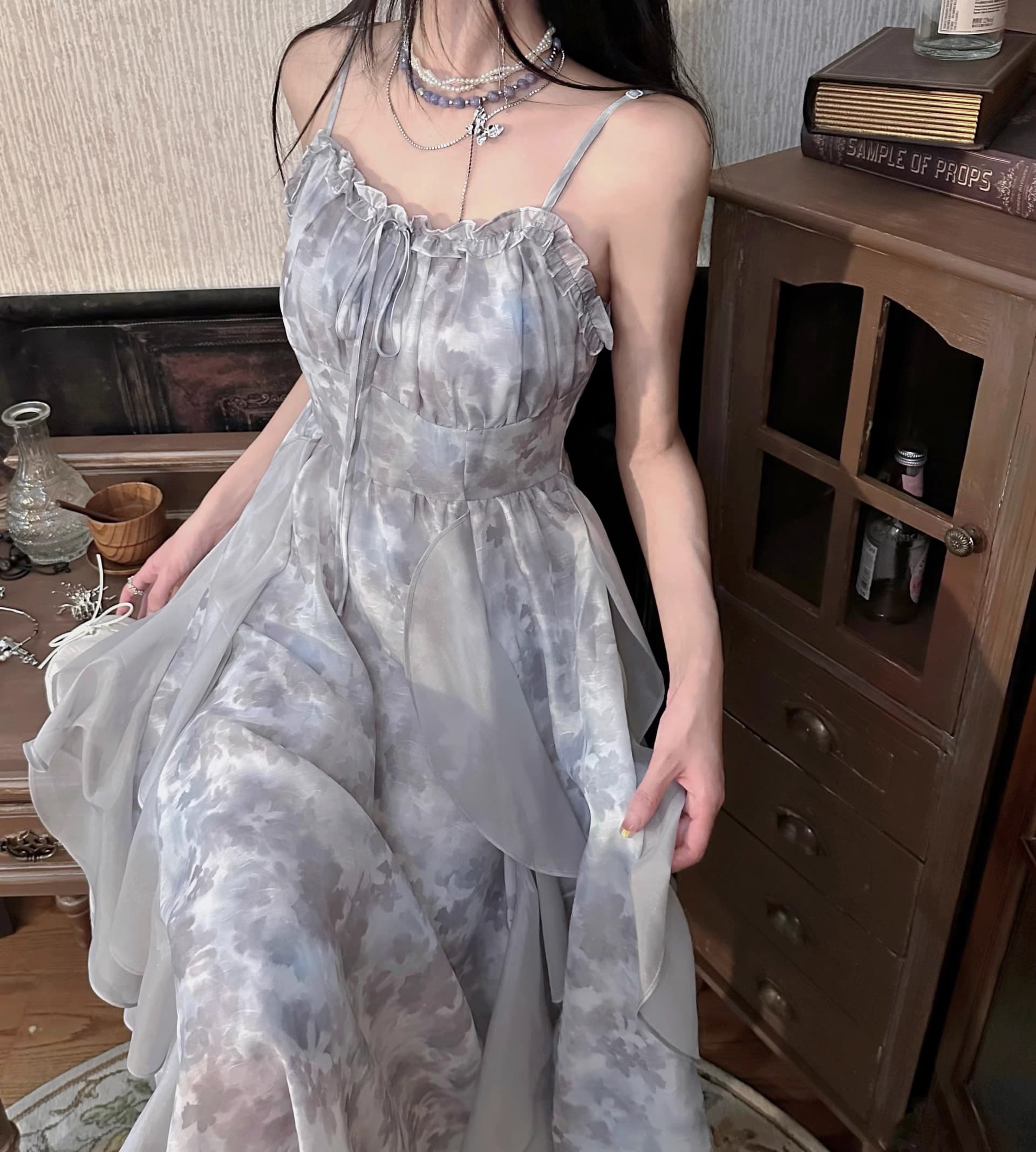 2026 새로운 연기 잉크 염색 회색 홀치기 염색 슬립 드레스 감기 센스 요정 치마 여름 오픈 가디건 투피스 세트 상세 이미지 7