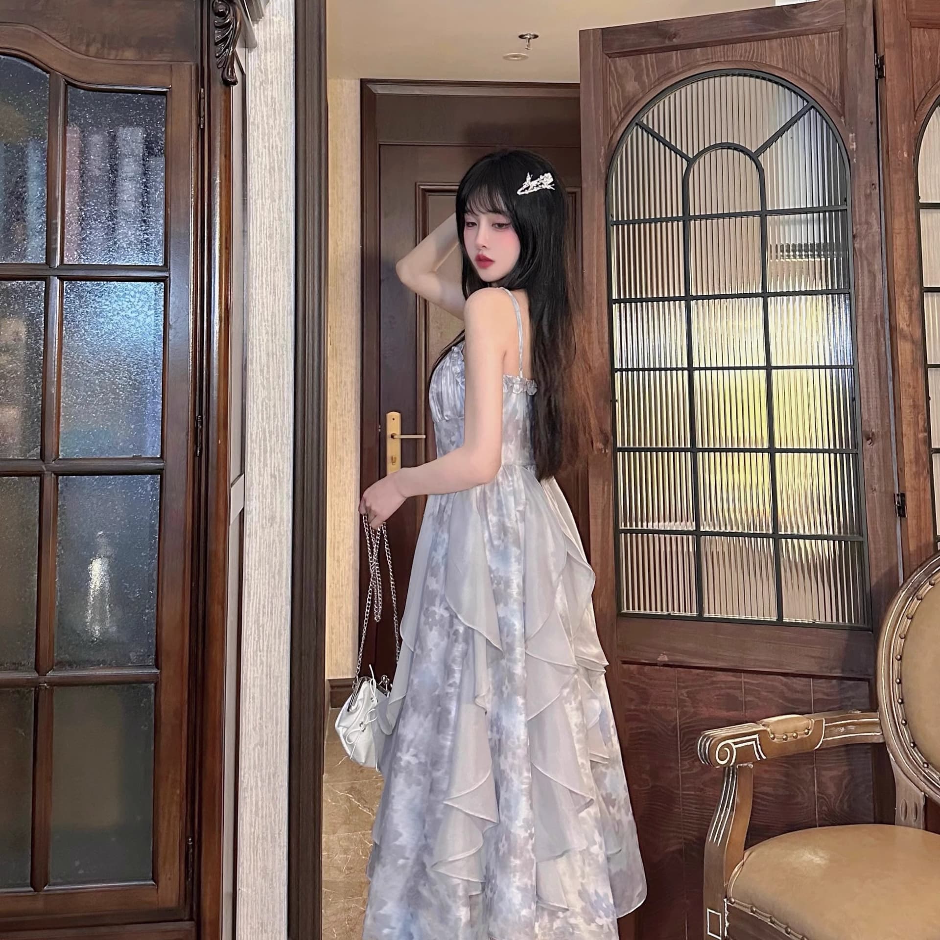2026 새로운 연기 잉크 염색 회색 홀치기 염색 슬립 드레스 감기 센스 요정 치마 여름 오픈 가디건 투피스 세트 상세 이미지 12