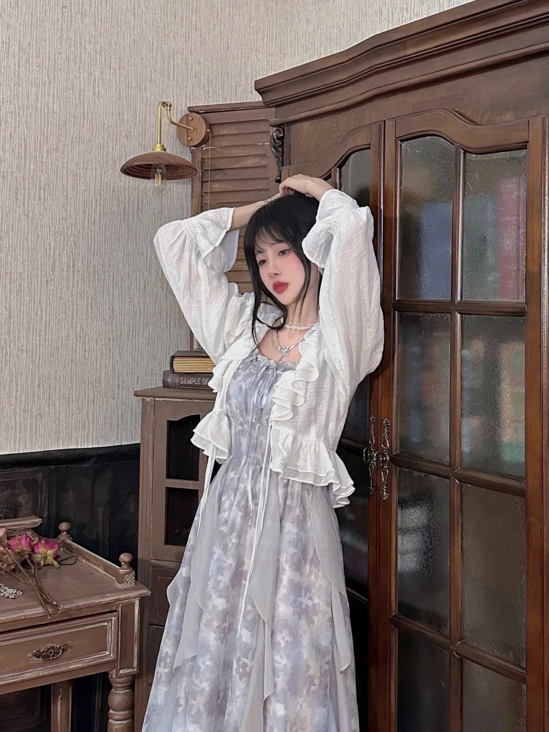 2026 새로운 연기 잉크 염색 회색 홀치기 염색 슬립 드레스 감기 센스 요정 치마 여름 오픈 가디건 투피스 세트 상세 이미지 13