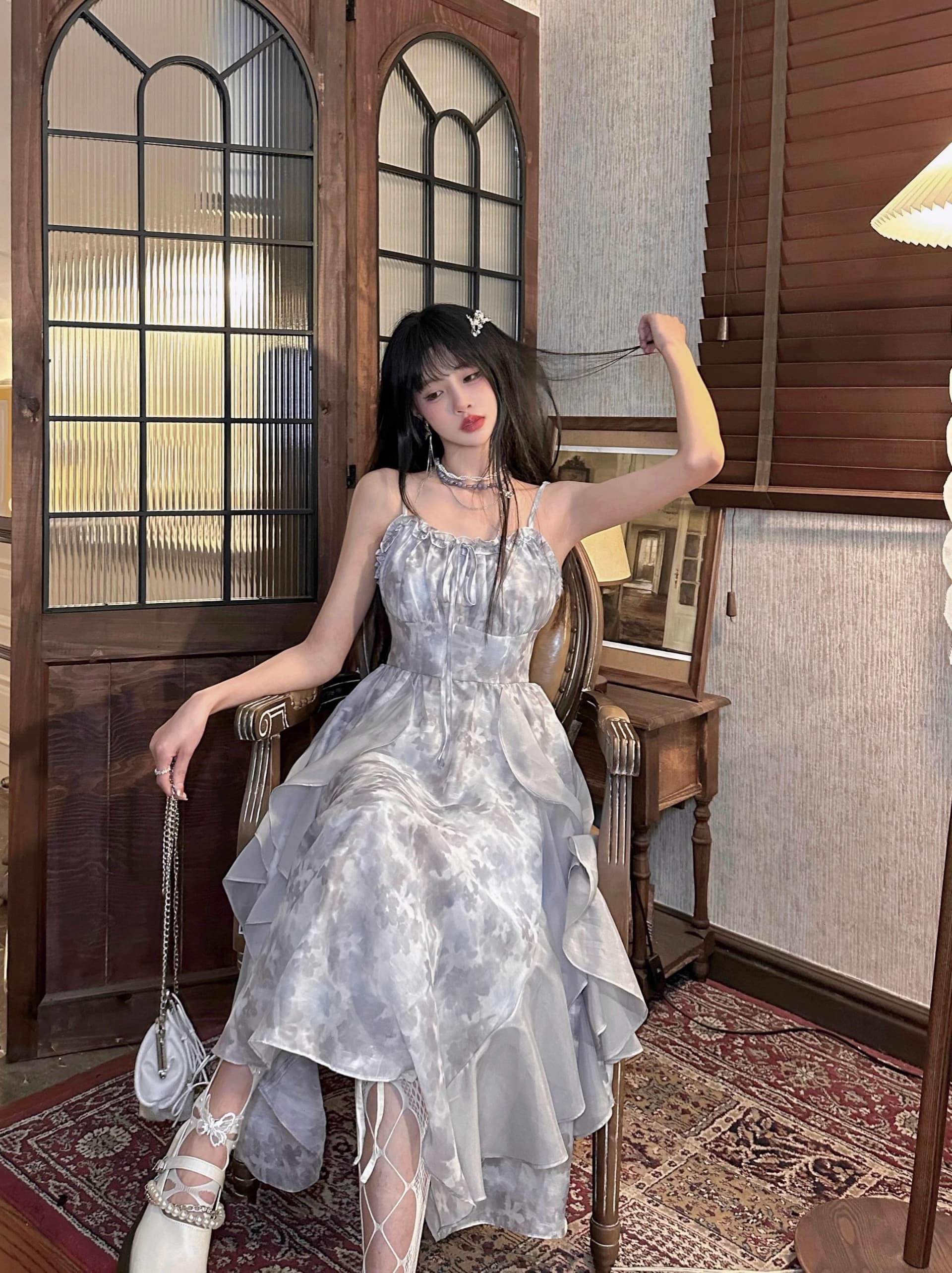 2026 새로운 연기 잉크 염색 회색 홀치기 염색 슬립 드레스 감기 센스 요정 치마 여름 오픈 가디건 투피스 세트 상세 이미지 14