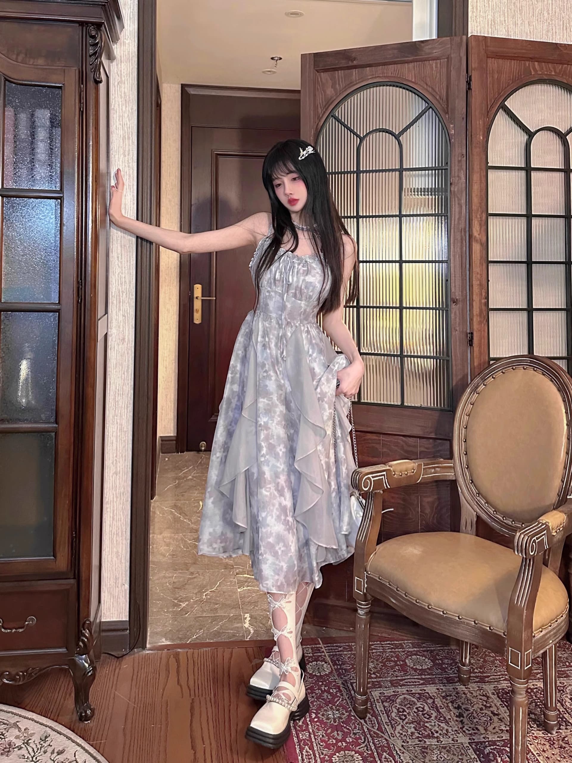 2026 새로운 연기 잉크 염색 회색 홀치기 염색 슬립 드레스 감기 센스 요정 치마 여름 오픈 가디건 투피스 세트 상세 이미지 18