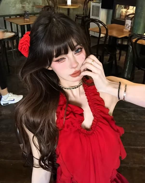 빨간색 색상 시스템 착용 가져 가라. 전체 집합 고유 한 아름다운 행침 목 맨위 반신 스커트 두 조각 세트 드레스 2026 여름 새로운 상세 이미지 2