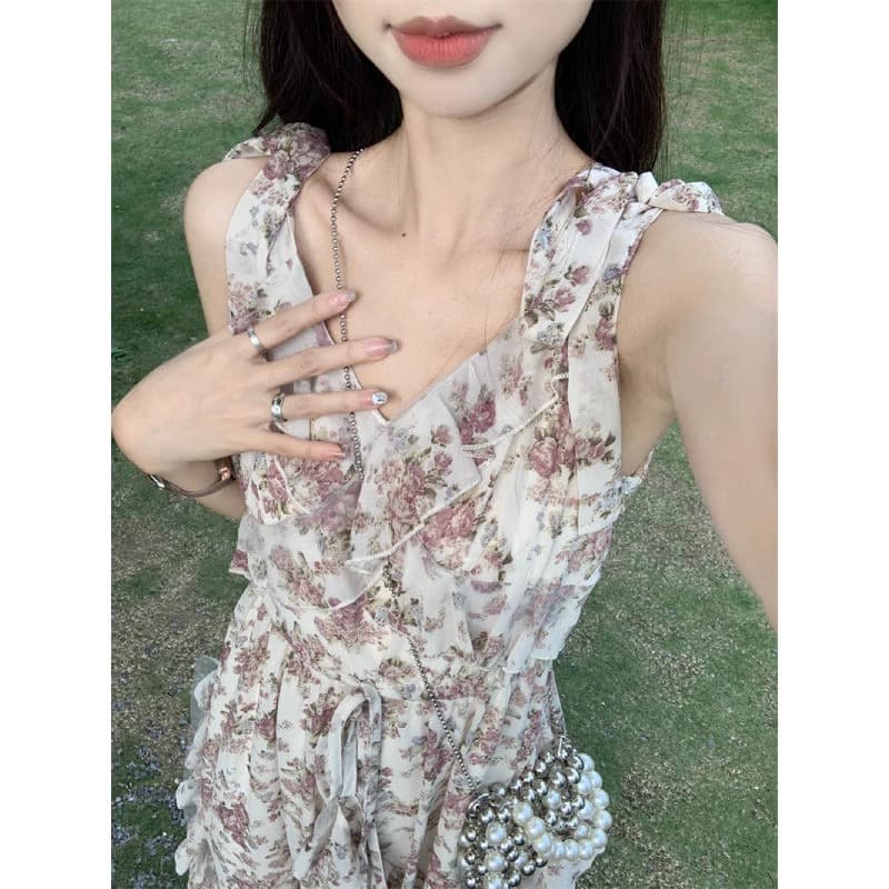 프랑스식 프릴 꽃무늬 슬립 드레스 투피스 슈트 여름 2026 새로운 작은 키 해변가 휴가 롱 스커트 이미지 3