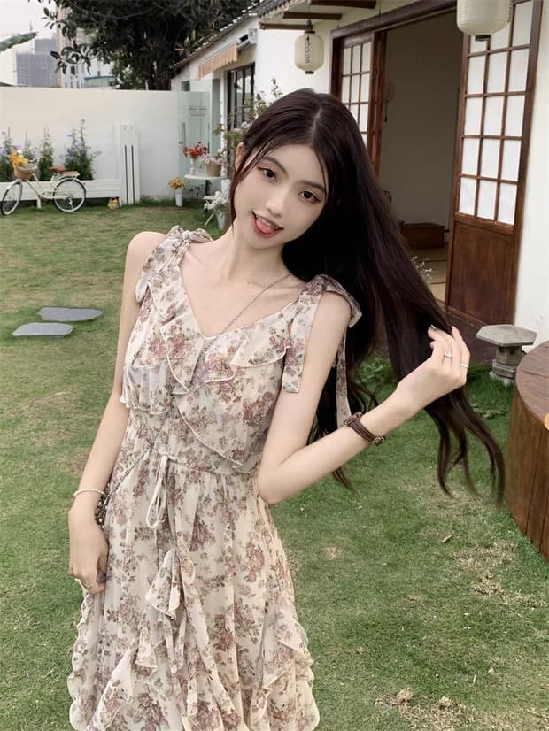 프랑스식 프릴 꽃무늬 슬립 드레스 투피스 슈트 여름 2026 새로운 작은 키 해변가 휴가 롱 스커트 상세 이미지 9