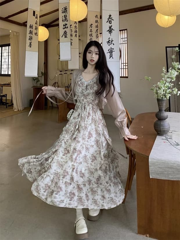 프랑스식 프릴 꽃무늬 슬립 드레스 투피스 슈트 여름 2026 새로운 작은 키 해변가 휴가 롱 스커트 상세 이미지 12