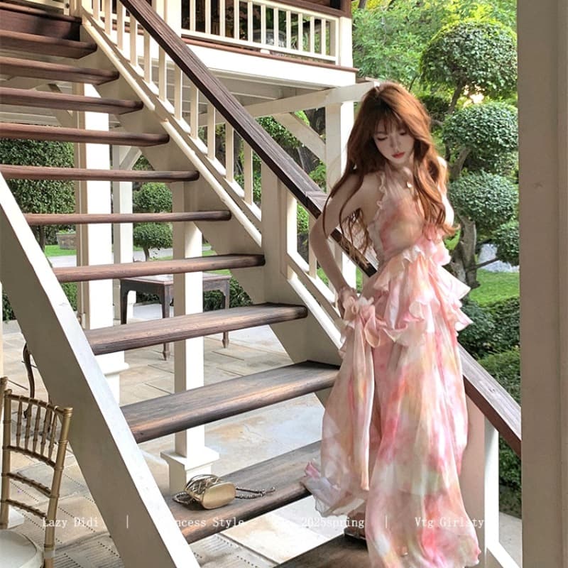 lazy didi 사랑의 신 편지 뗏목 낭만주의 휴가 허리 수축 드레스 프랑스식 불규칙 허리 수축 꽃무늬 슬립 드레스 이미지 5