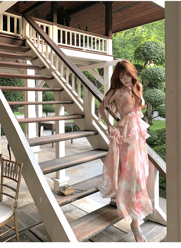 lazy didi 사랑의 신 편지 뗏목 낭만주의 휴가 허리 수축 드레스 프랑스식 불규칙 허리 수축 꽃무늬 슬립 드레스 상세 이미지 13
