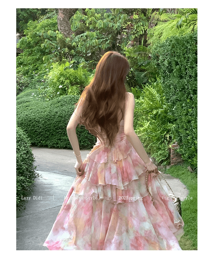 lazy didi 사랑의 신 편지 뗏목 낭만주의 휴가 허리 수축 드레스 프랑스식 불규칙 허리 수축 꽃무늬 슬립 드레스 상세 이미지 33