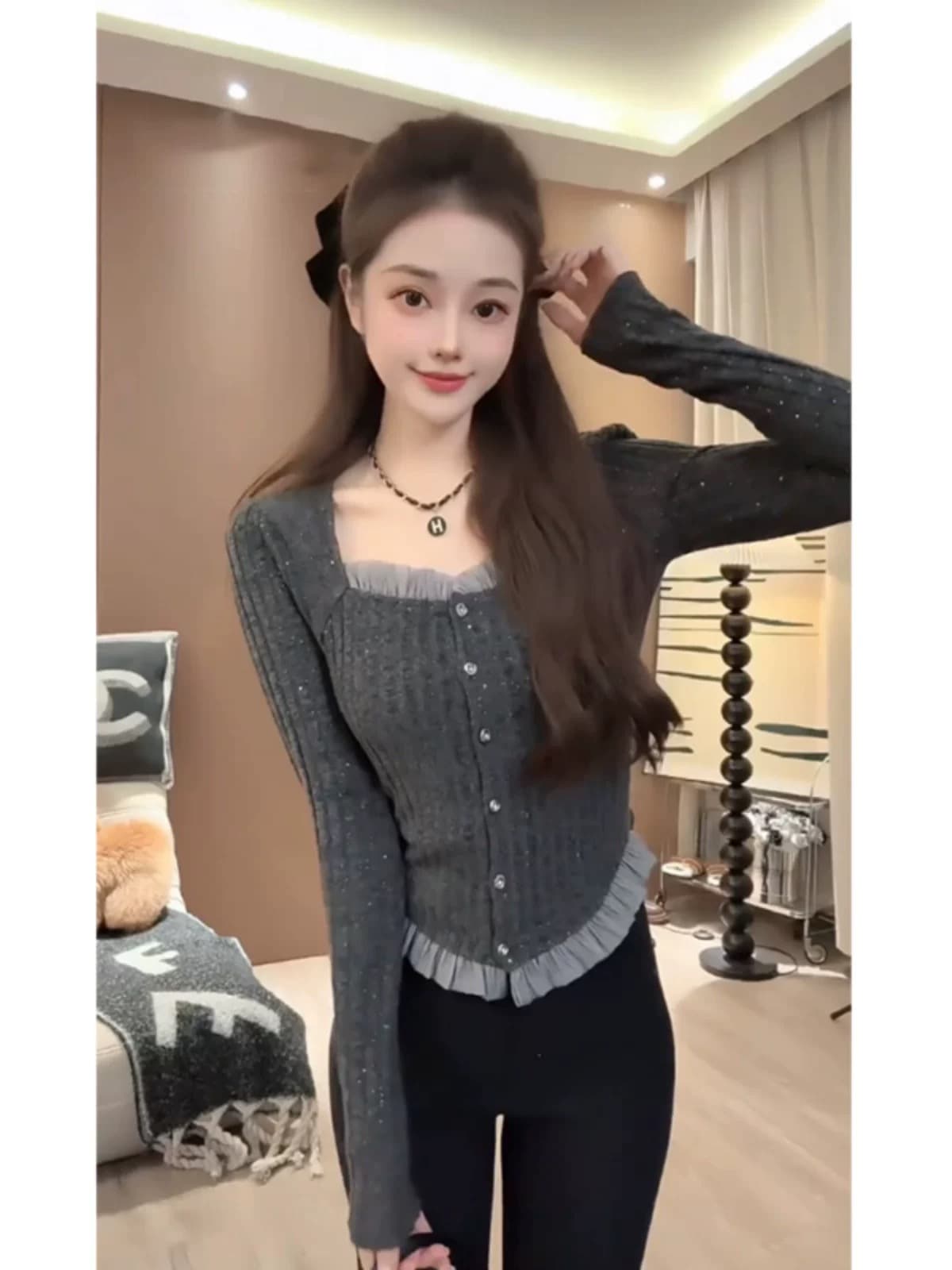프랑스식 프릴 광장 칼라 긍정적 인 어깨 광택 실 니트 스웨터 빅 사이즈 여성 의류 가을 의상 지방 mm 기본 셔츠 찹쌀 회색 맨위 이미지 2