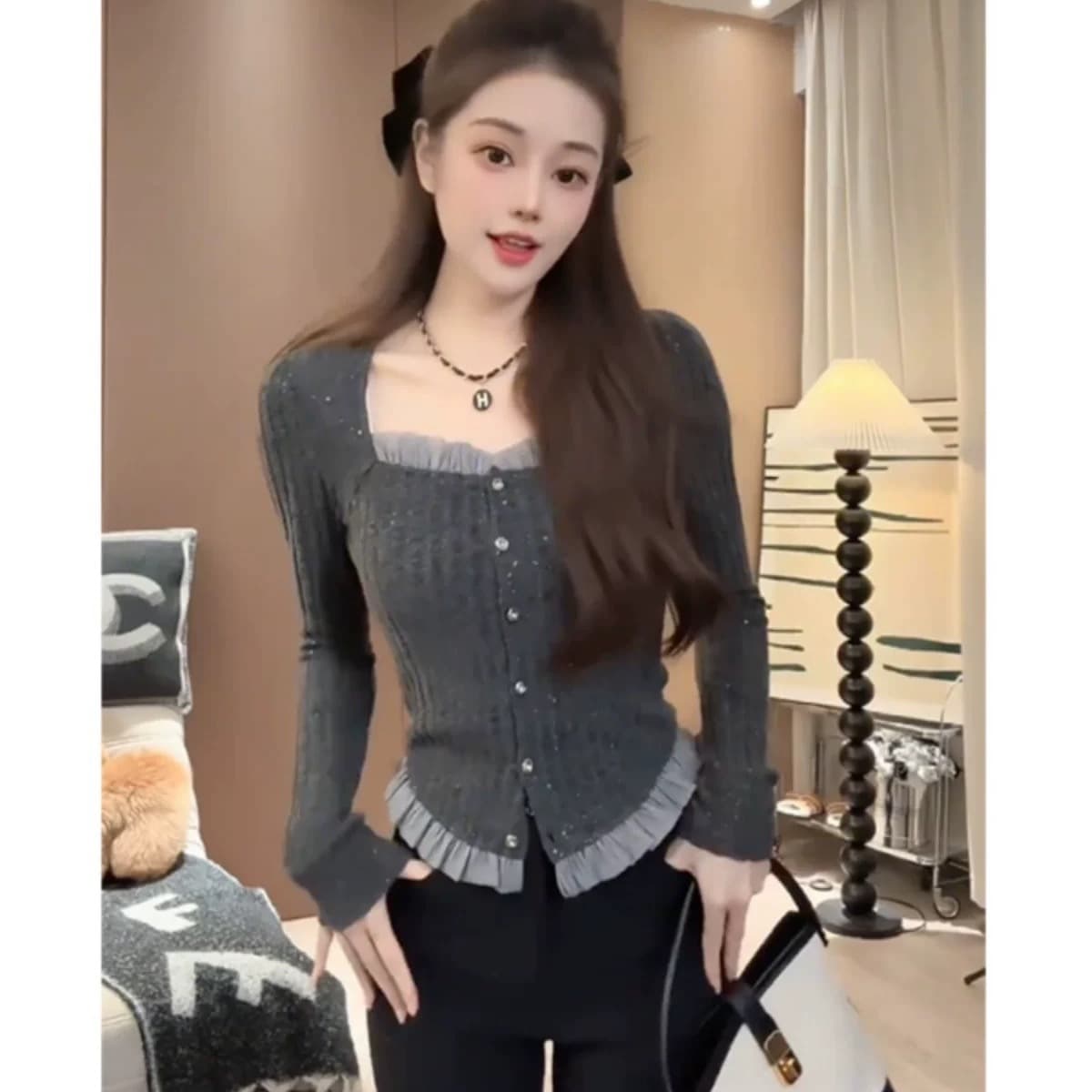 프랑스식 프릴 광장 칼라 긍정적 인 어깨 광택 실 니트 스웨터 빅 사이즈 여성 의류 가을 의상 지방 mm 기본 셔츠 찹쌀 회색 맨위 이미지 5