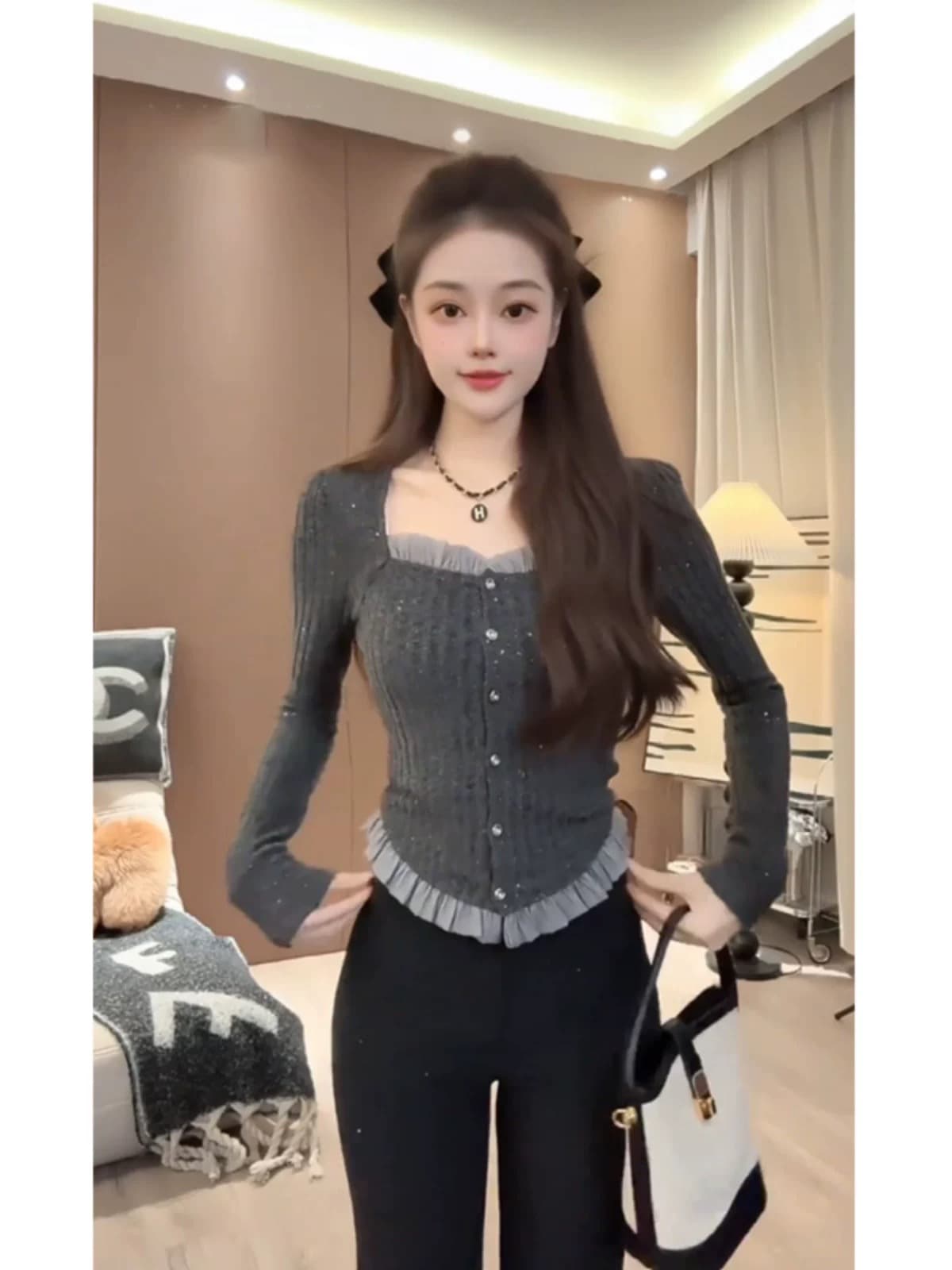 프랑스식 프릴 광장 칼라 긍정적 인 어깨 광택 실 니트 스웨터 빅 사이즈 여성 의류 가을 의상 지방 mm 기본 셔츠 찹쌀 회색 맨위 상세 이미지 1