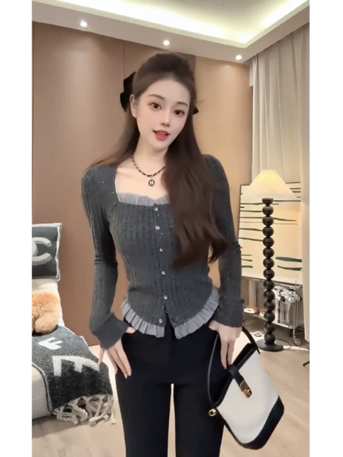 프랑스식 프릴 광장 칼라 긍정적 인 어깨 광택 실 니트 스웨터 빅 사이즈 여성 의류 가을 의상 지방 mm 기본 셔츠 찹쌀 회색 맨위 상세 이미지 2