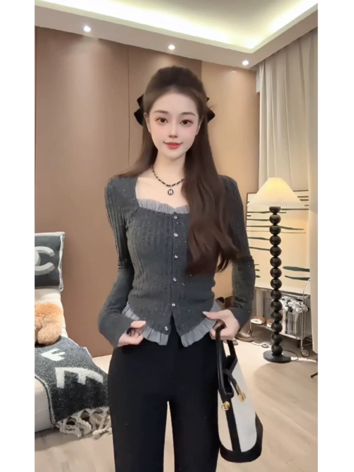 프랑스식 프릴 광장 칼라 긍정적 인 어깨 광택 실 니트 스웨터 빅 사이즈 여성 의류 가을 의상 지방 mm 기본 셔츠 찹쌀 회색 맨위 상세 이미지 3