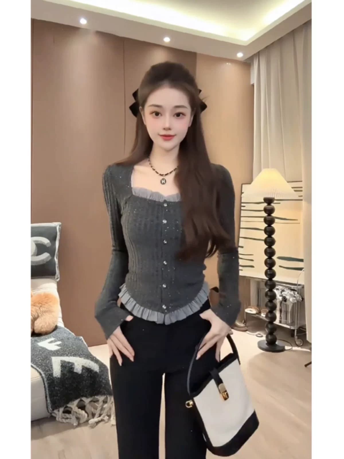 프랑스식 프릴 광장 칼라 긍정적 인 어깨 광택 실 니트 스웨터 빅 사이즈 여성 의류 가을 의상 지방 mm 기본 셔츠 찹쌀 회색 맨위 상세 이미지 5