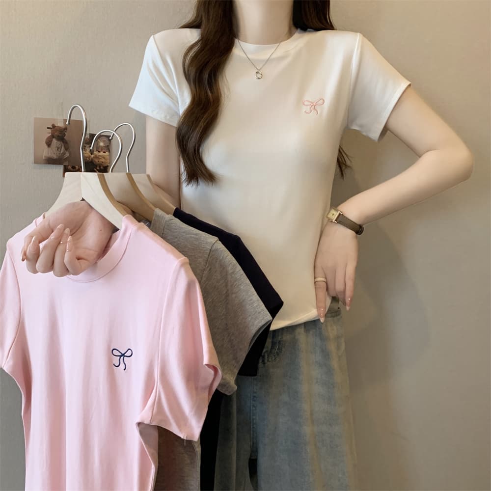 실사 40 순면 210 그램 92 면 8 암모니아 Lun 반팔 티셔츠 여성 자수 자수 이미지 2