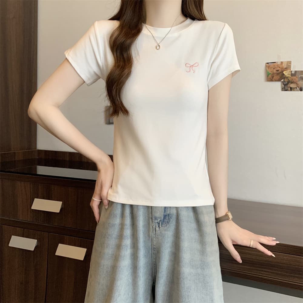 실사 40 순면 210 그램 92 면 8 암모니아 Lun 반팔 티셔츠 여성 자수 자수 이미지 4