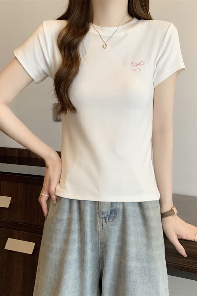 실사 40 순면 210 그램 92 면 8 암모니아 Lun 반팔 티셔츠 여성 자수 자수 이미지 7