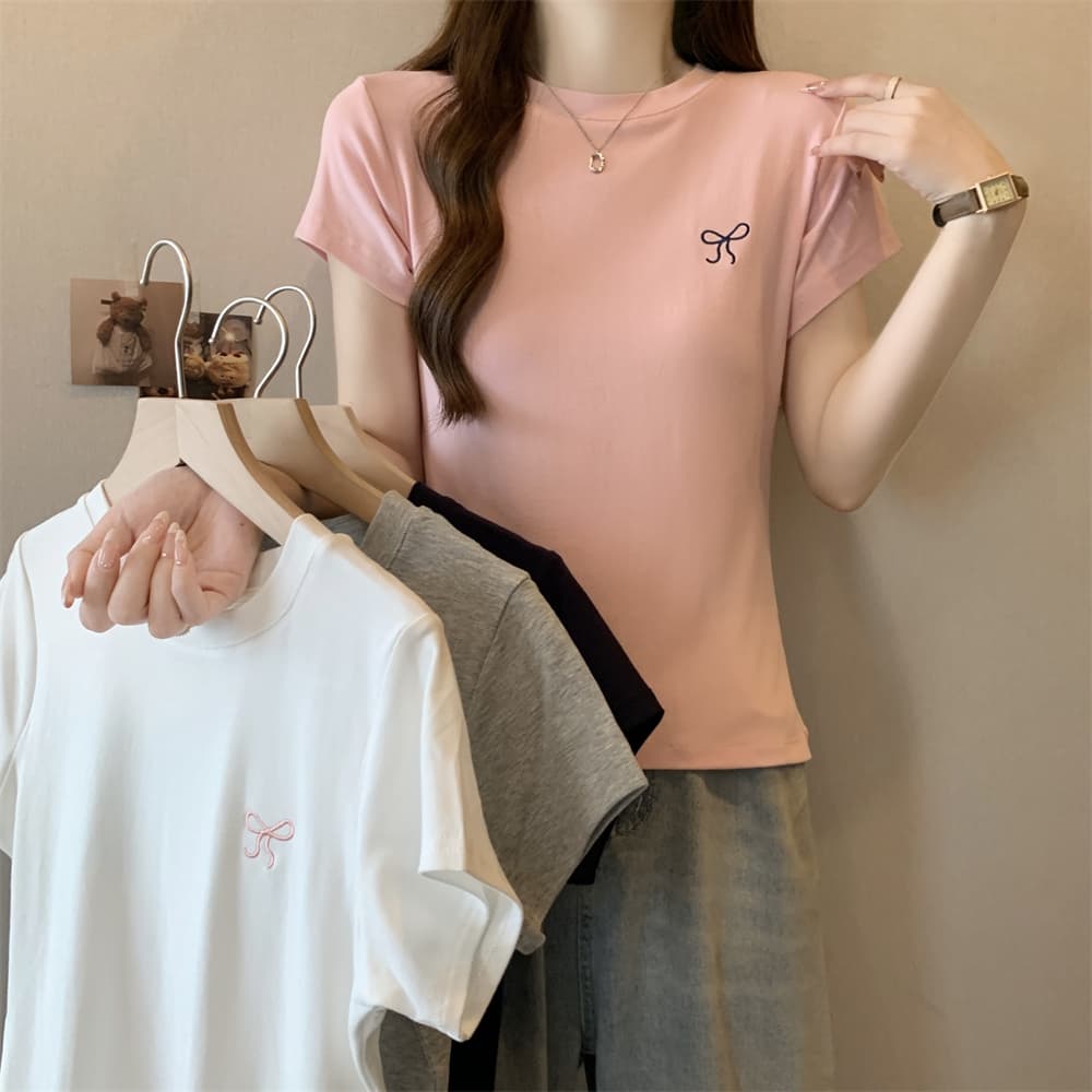 실사 40 순면 210 그램 92 면 8 암모니아 Lun 반팔 티셔츠 여성 자수 자수 상세 이미지 3