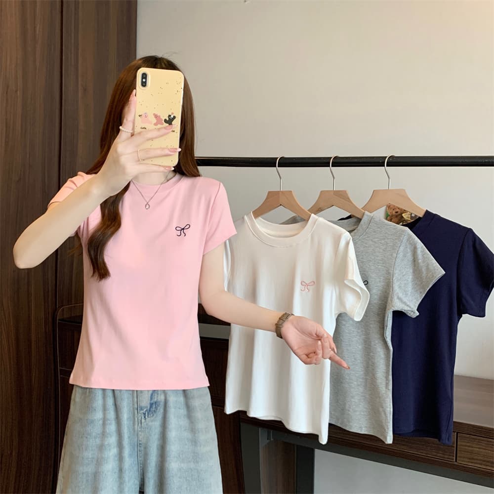 실사 40 순면 210 그램 92 면 8 암모니아 Lun 반팔 티셔츠 여성 자수 자수 상세 이미지 4