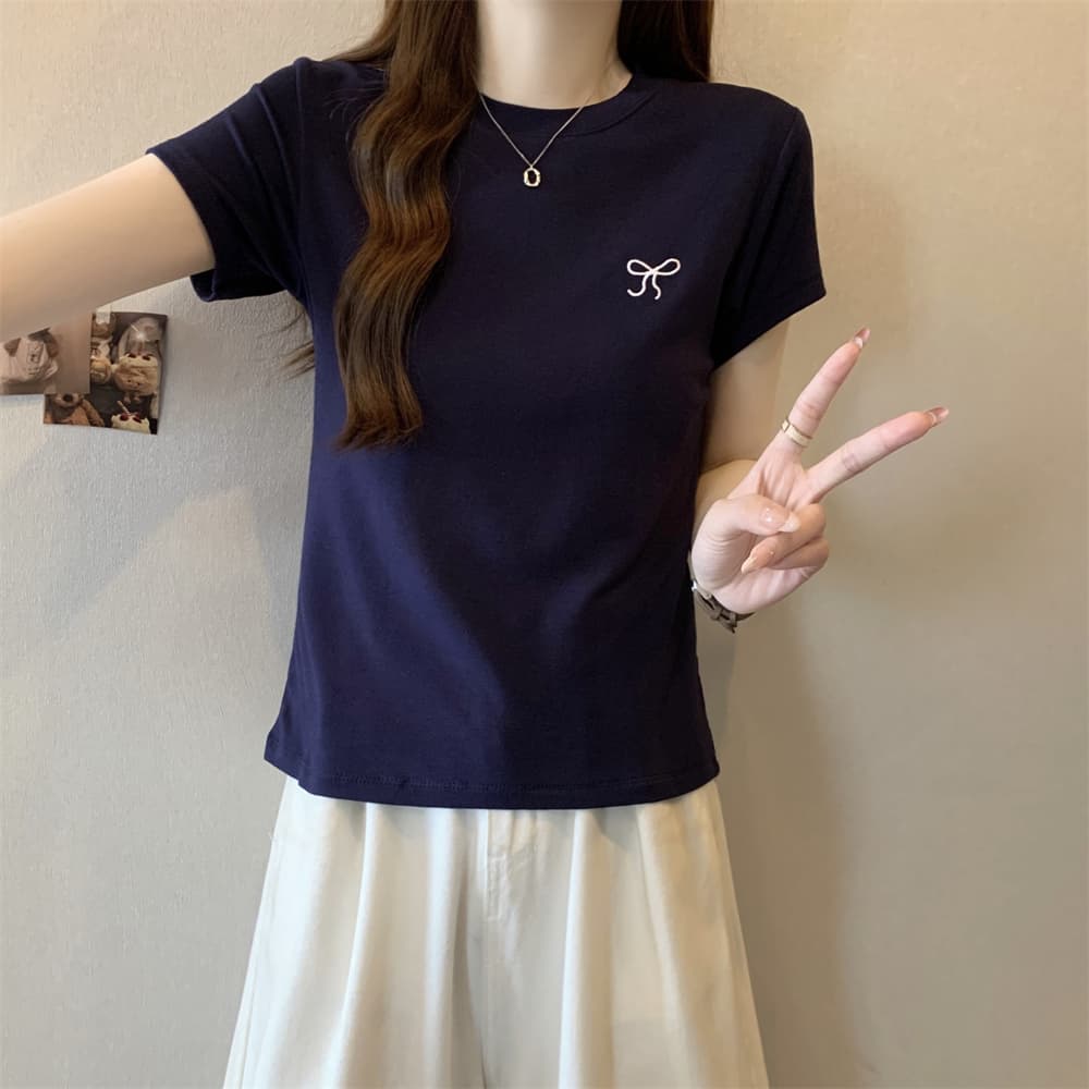 실사 40 순면 210 그램 92 면 8 암모니아 Lun 반팔 티셔츠 여성 자수 자수 상세 이미지 5