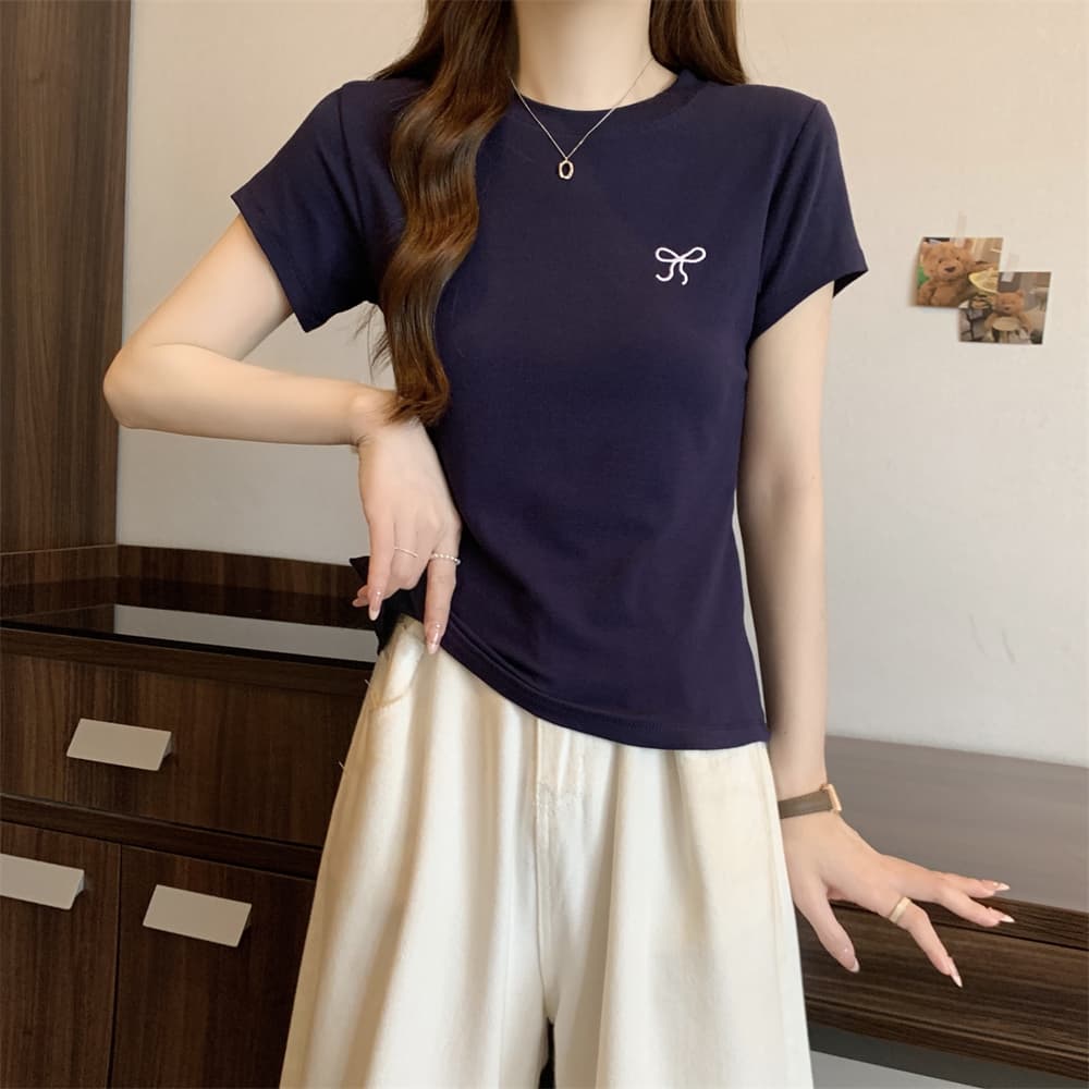 실사 40 순면 210 그램 92 면 8 암모니아 Lun 반팔 티셔츠 여성 자수 자수 상세 이미지 6