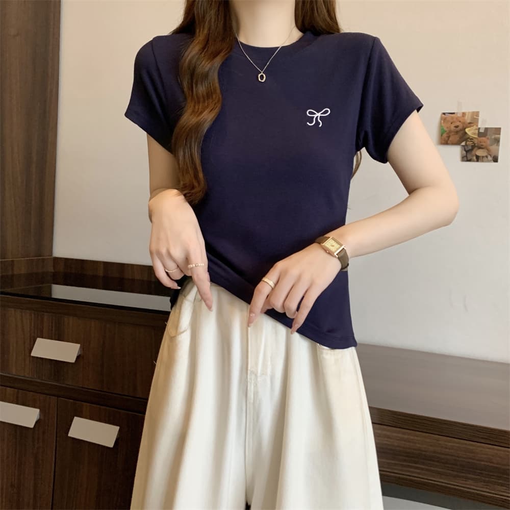 실사 40 순면 210 그램 92 면 8 암모니아 Lun 반팔 티셔츠 여성 자수 자수 상세 이미지 7