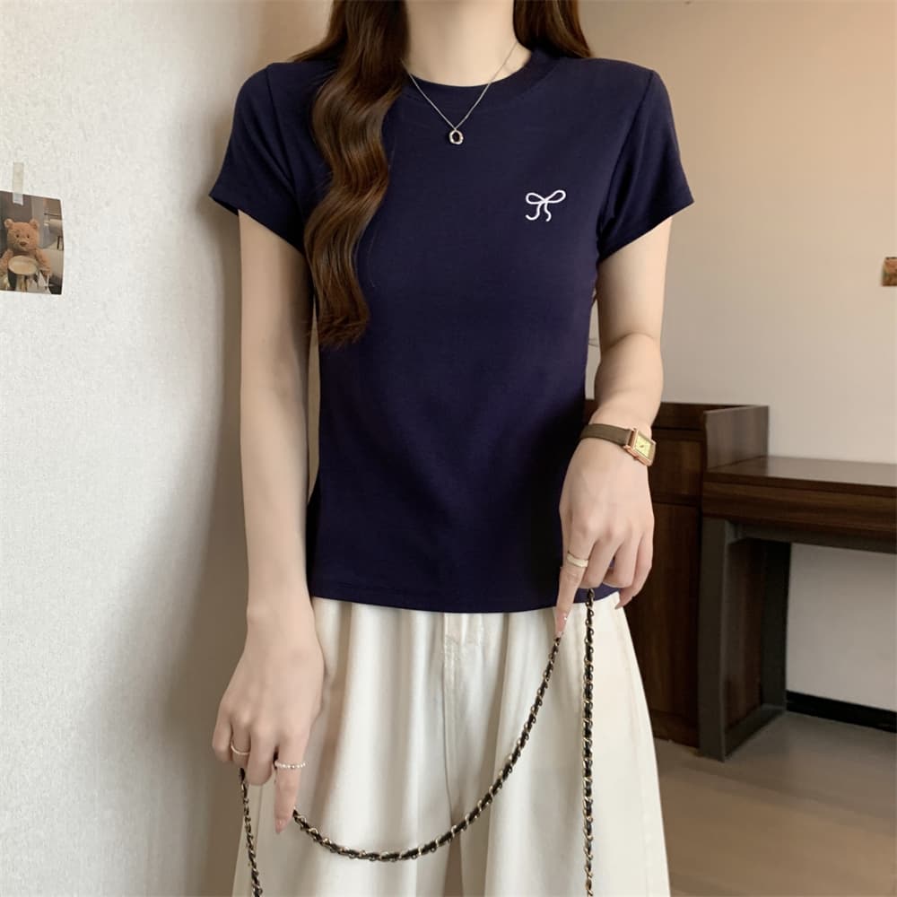 실사 40 순면 210 그램 92 면 8 암모니아 Lun 반팔 티셔츠 여성 자수 자수 상세 이미지 8