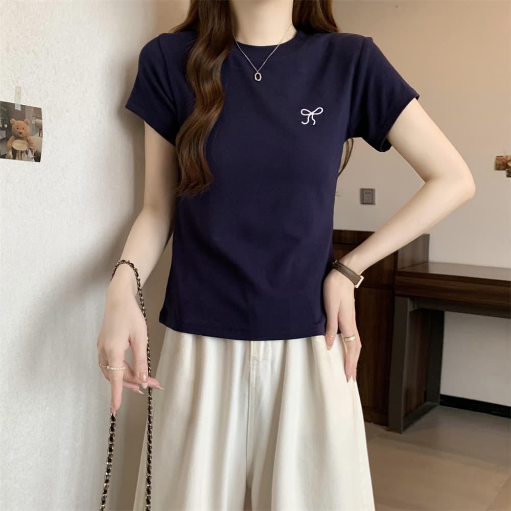 실사 40 순면 210 그램 92 면 8 암모니아 Lun 반팔 티셔츠 여성 자수 자수 상세 이미지 9