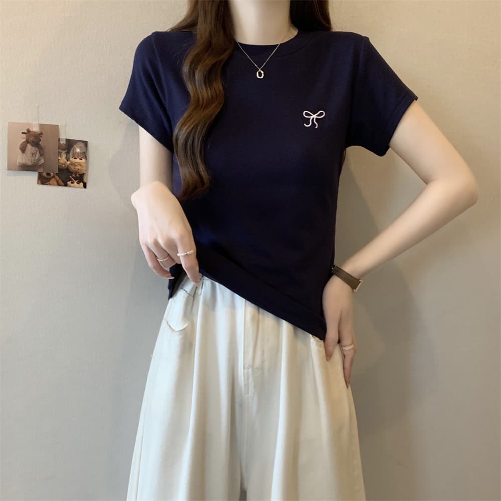 실사 40 순면 210 그램 92 면 8 암모니아 Lun 반팔 티셔츠 여성 자수 자수 상세 이미지 12