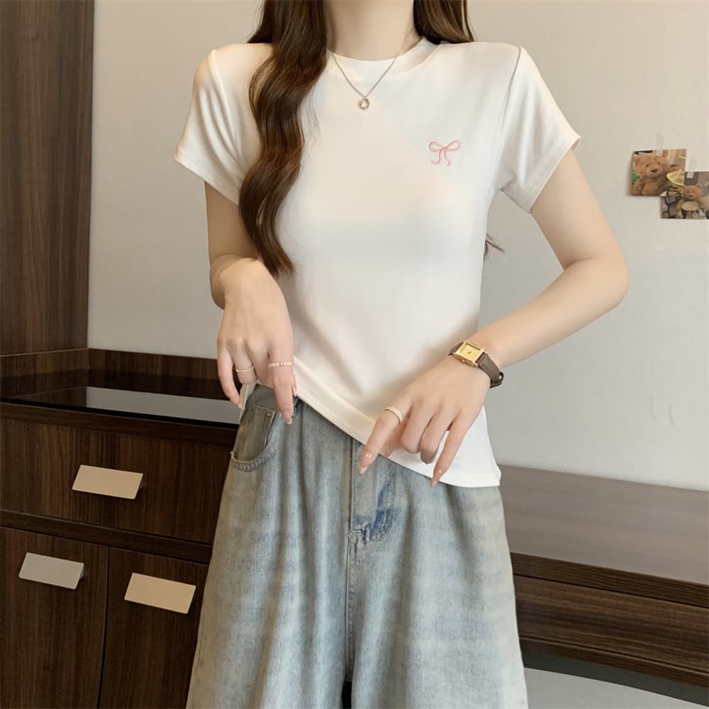 실사 40 순면 210 그램 92 면 8 암모니아 Lun 반팔 티셔츠 여성 자수 자수 상세 이미지 25