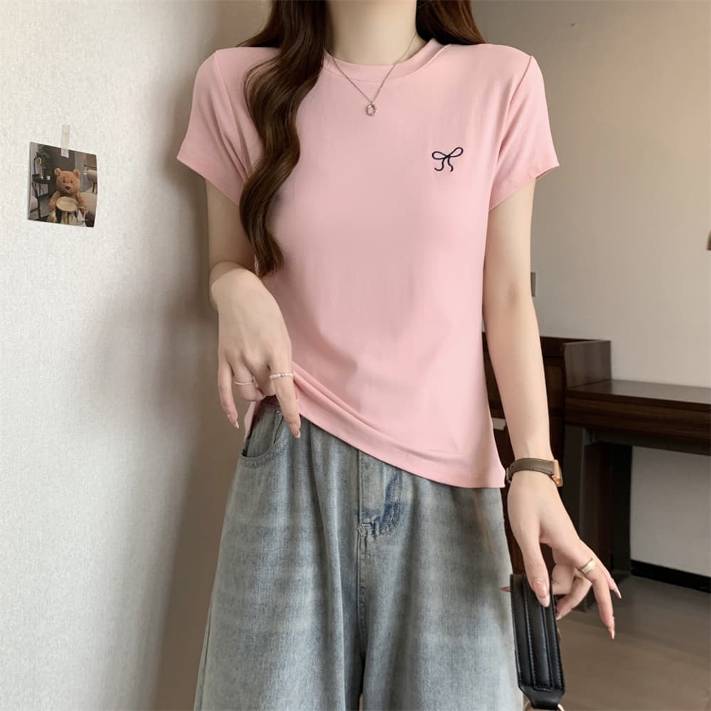실사 40 순면 210 그램 92 면 8 암모니아 Lun 반팔 티셔츠 여성 자수 자수 상세 이미지 34