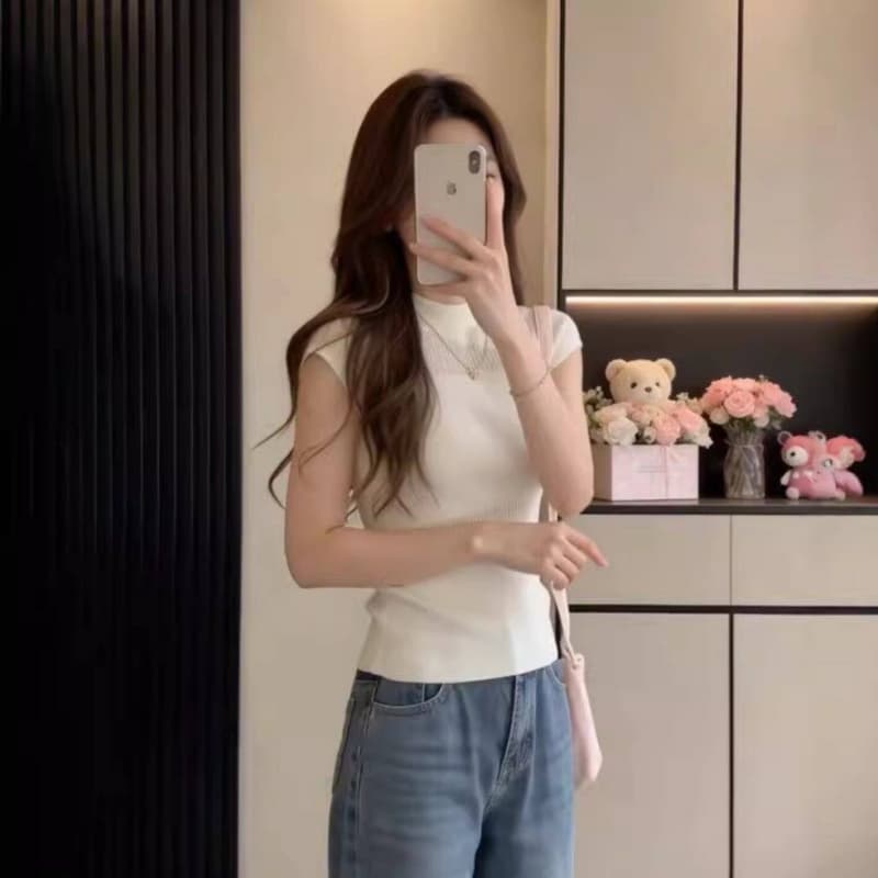Chic 여름 프랑스식 라운드 넥 홀로우 아웃 티셔츠 여성 고급 센스 얼음 실크 니트 반팔 불규칙 몸매 가꾸기 맨위 이미지 4