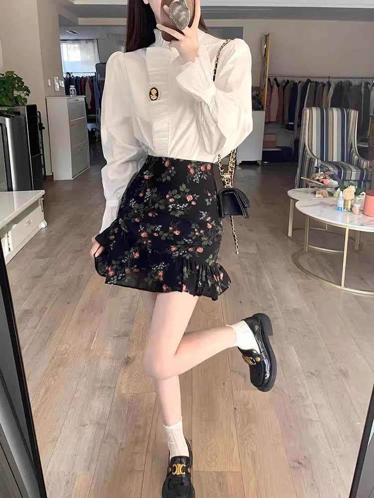 법 꽃무늬 반신 스커트 불규칙 프릴 미니 스커트 여성 슬림해 보이는 표지 넓적 다리 한 마디 인어 꼬리 치마 이미지 3