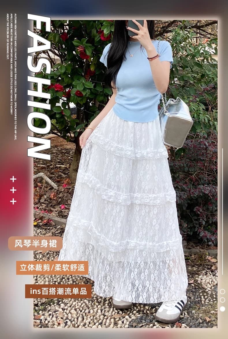 원본 것 화이트 레이스 반신 스커트 여성 여름 2026 새로운 하이웨이스트 한 마디 망사 롱 스커트 케이크 드레스 허리밴드 상세 이미지 1