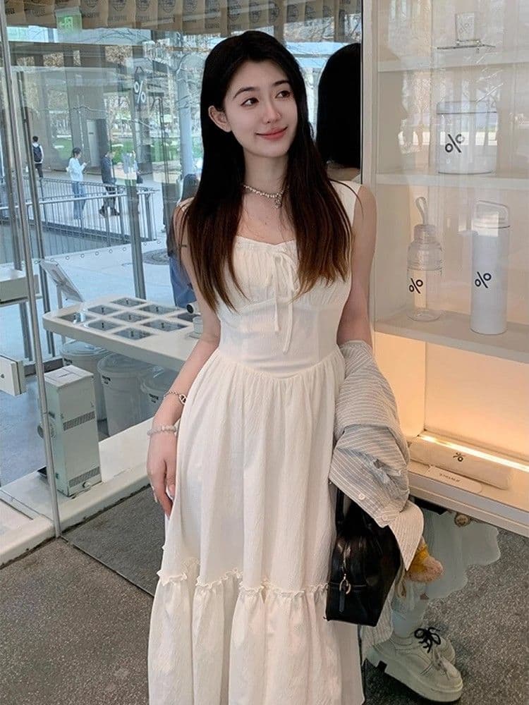 원본 것 작은 키 첫사랑 광장 칼라 화이트 슬립 점프 슈트 치마 프랑스식 휴가 바람 슬림해 보이는 큰 진자 롱 스커트 상세 이미지 2