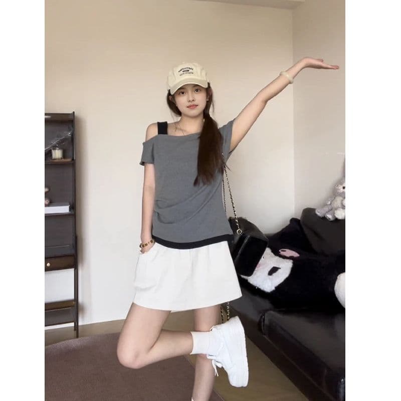 여름 여성 디자인 센스 페이크 레이어드 비스듬한 어깨 칼라 디자인 센스 반팔 티셔츠 2026 년 새로운 달콤함 슬림해 보이는 맨위 이미지 6
