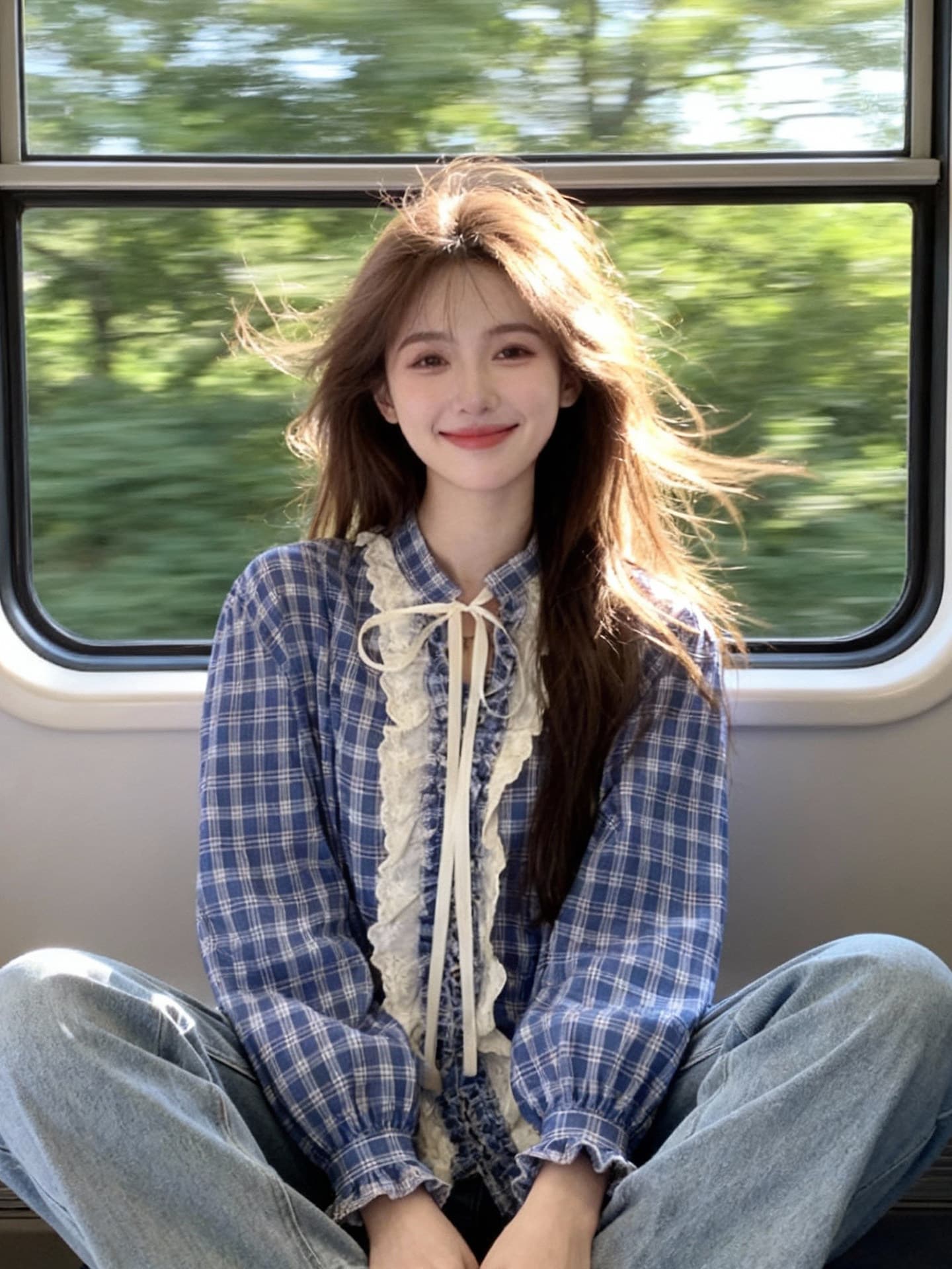달콤함 학원 스타일 파란색 체크무늬 여성 셔츠 이른 가을 새로운 레이스 칼라 디자인 센스 루즈핏 다용도 긴팔 맨위 이미지 3