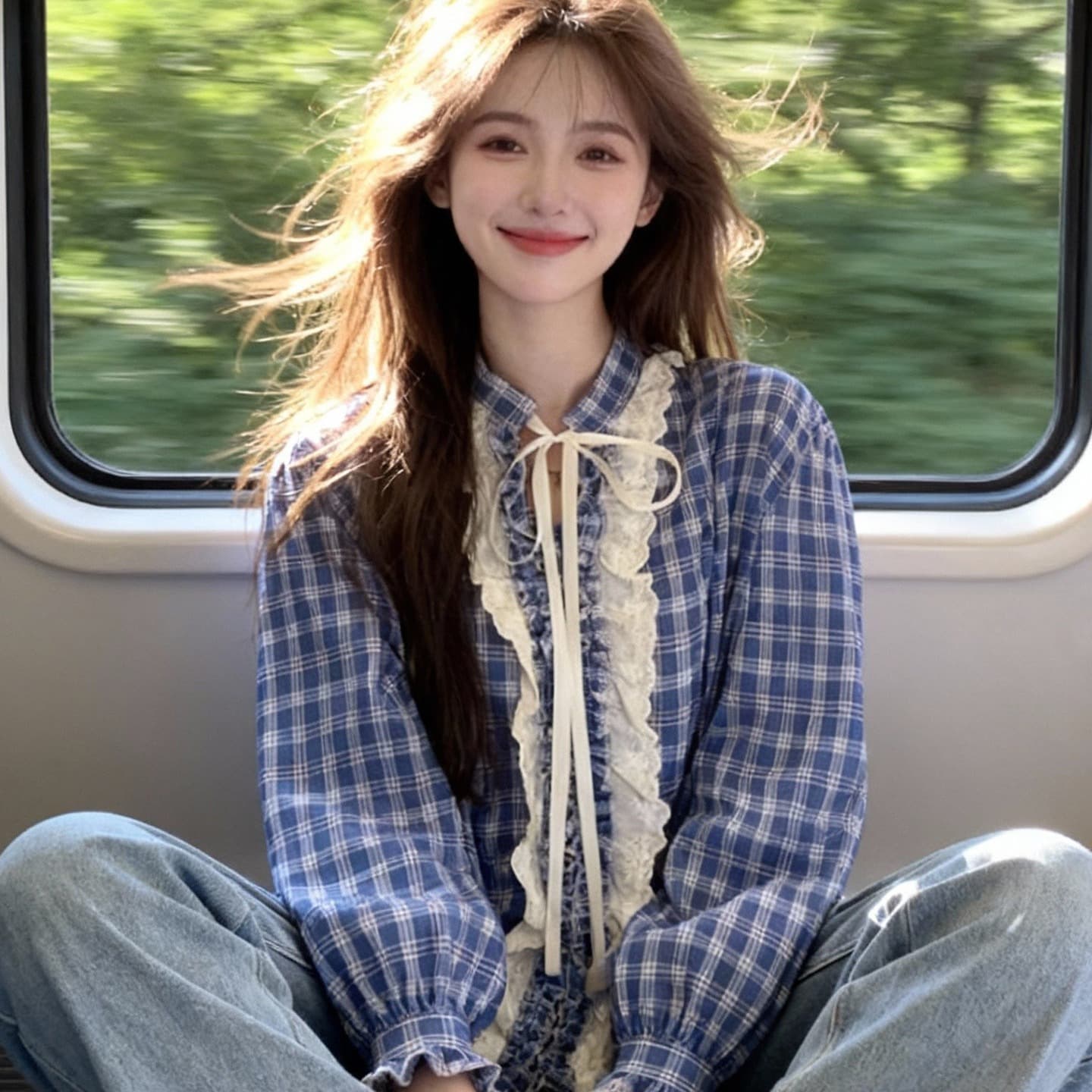 달콤함 학원 스타일 파란색 체크무늬 여성 셔츠 이른 가을 새로운 레이스 칼라 디자인 센스 루즈핏 다용도 긴팔 맨위