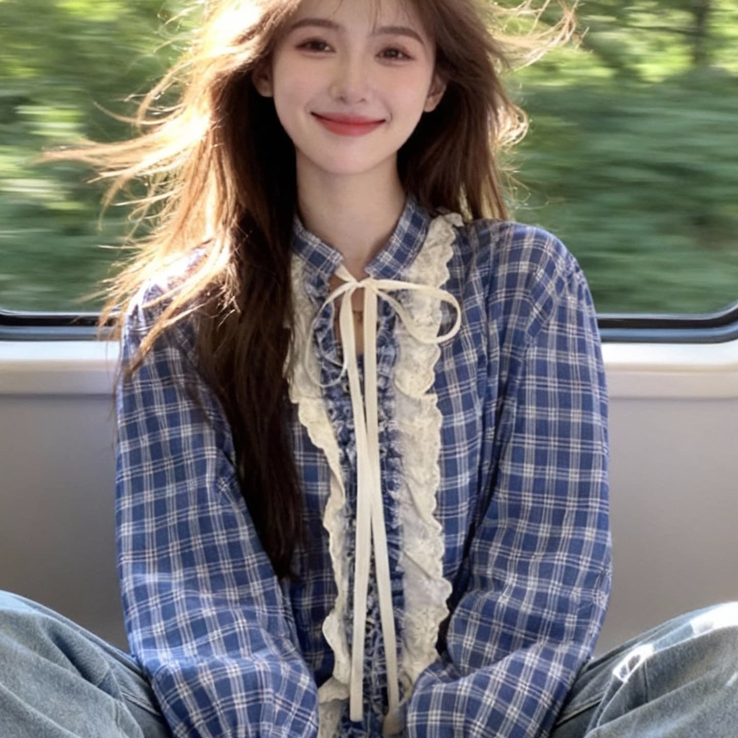 달콤함 학원 스타일 파란색 체크무늬 여성 셔츠 이른 가을 새로운 레이스 칼라 디자인 센스 루즈핏 다용도 긴팔 맨위 이미지 5
