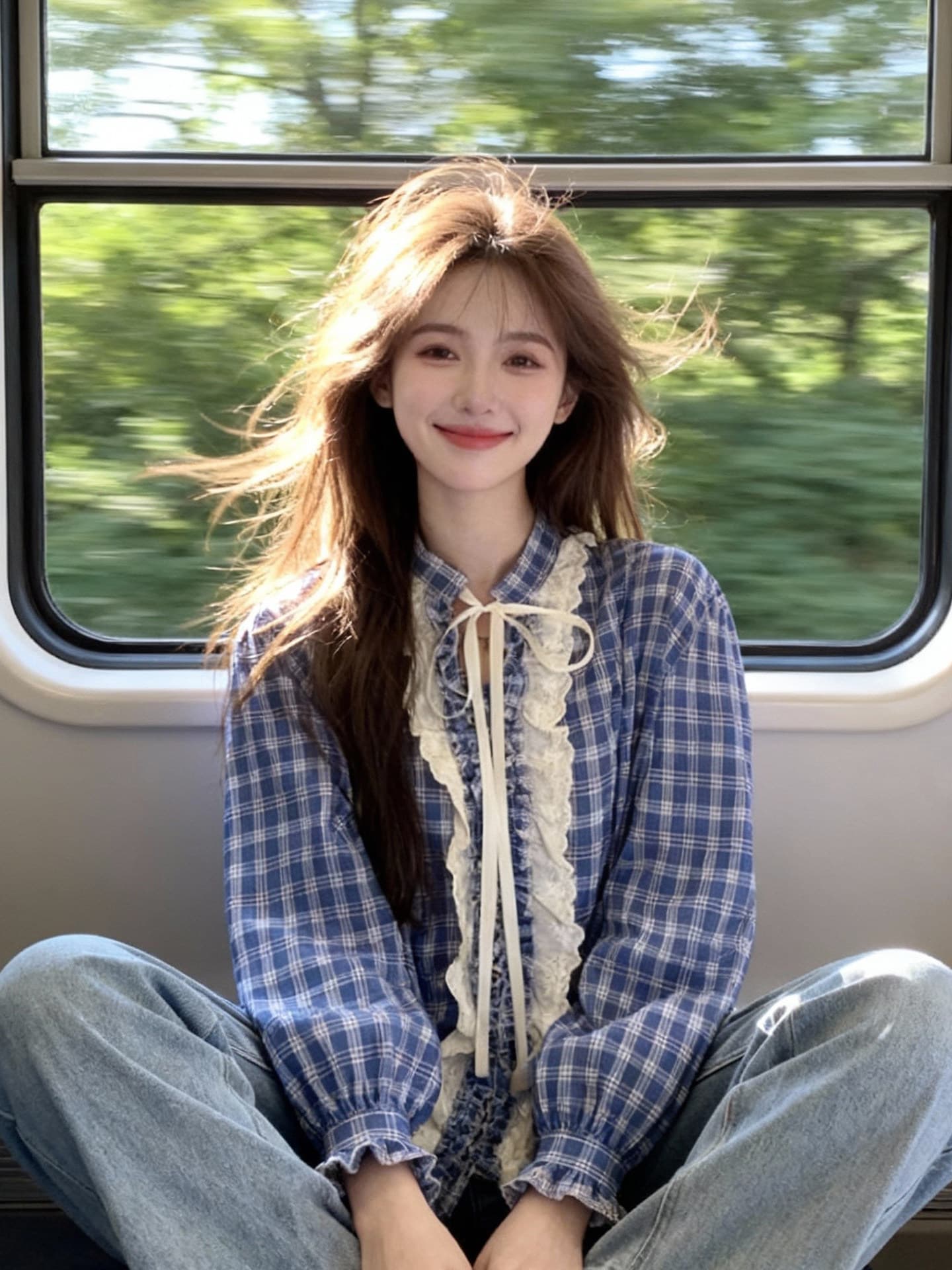 달콤함 학원 스타일 파란색 체크무늬 여성 셔츠 이른 가을 새로운 레이스 칼라 디자인 센스 루즈핏 다용도 긴팔 맨위 상세 이미지 1