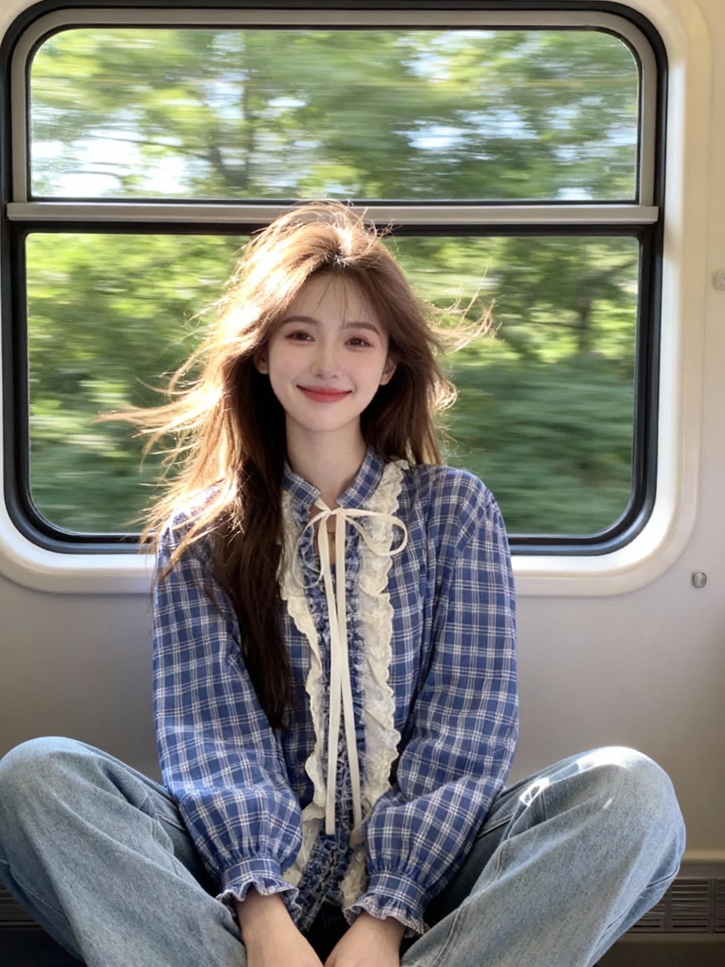 달콤함 학원 스타일 파란색 체크무늬 여성 셔츠 이른 가을 새로운 레이스 칼라 디자인 센스 루즈핏 다용도 긴팔 맨위 상세 이미지 2