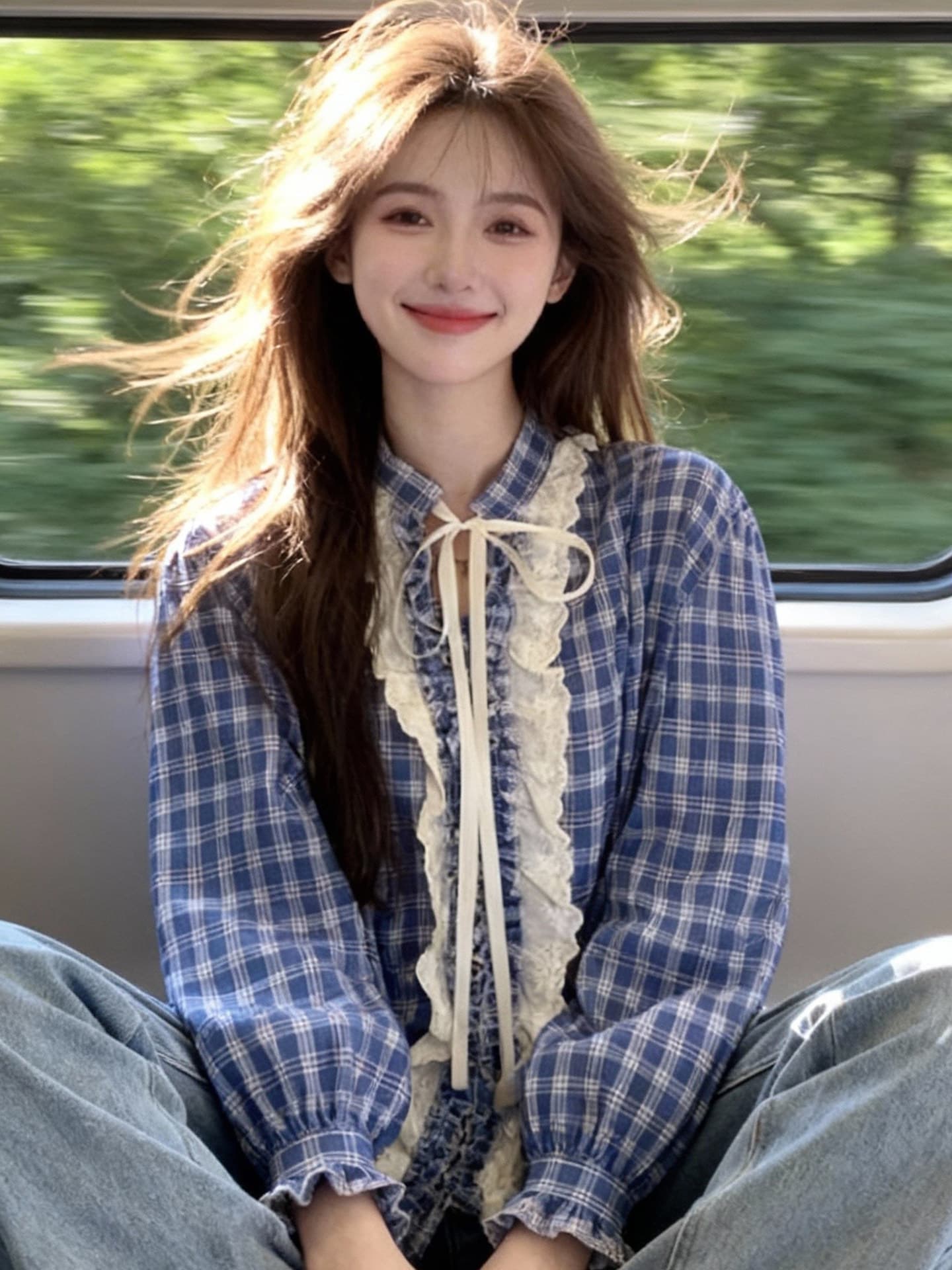 달콤함 학원 스타일 파란색 체크무늬 여성 셔츠 이른 가을 새로운 레이스 칼라 디자인 센스 루즈핏 다용도 긴팔 맨위 상세 이미지 3