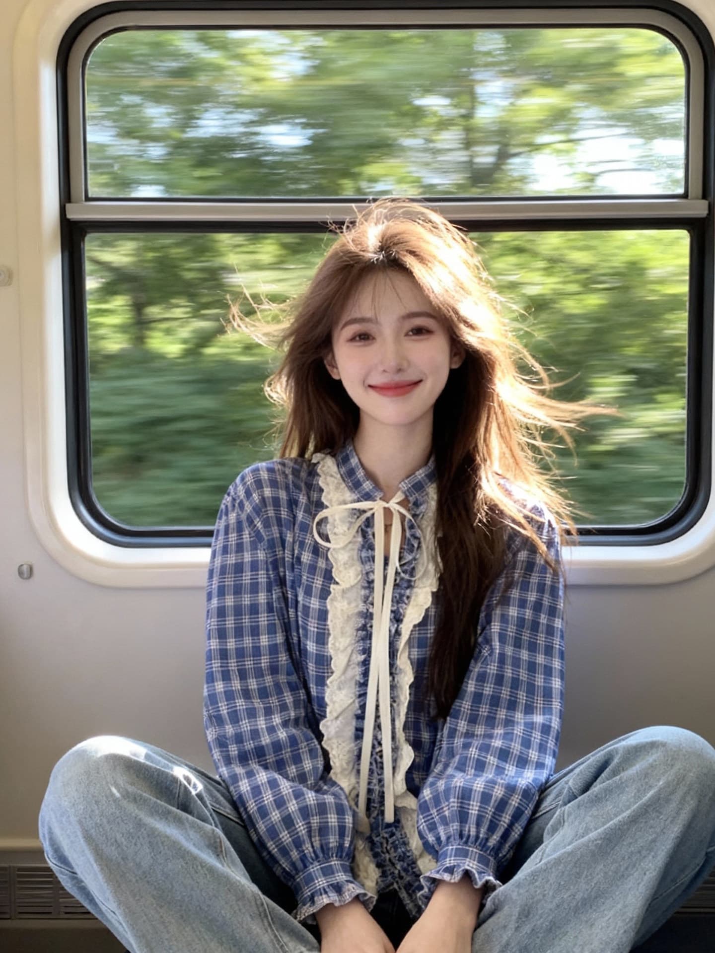 달콤함 학원 스타일 파란색 체크무늬 여성 셔츠 이른 가을 새로운 레이스 칼라 디자인 센스 루즈핏 다용도 긴팔 맨위 상세 이미지 5