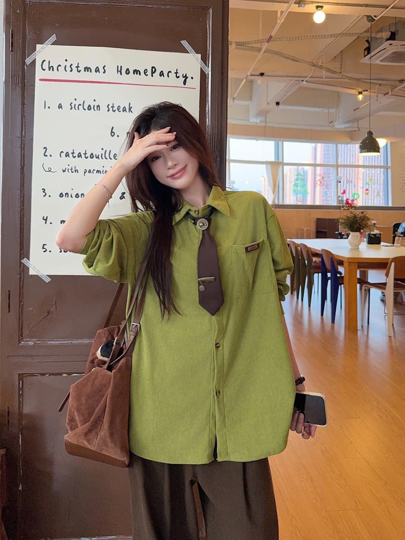 아메리칸 레트로 학원 스타일 버터 과일 녹색 긴팔 여성 셔츠 2026 봄 새로운 다용도 스택 착용 캐주얼 맨위 상세 이미지 15