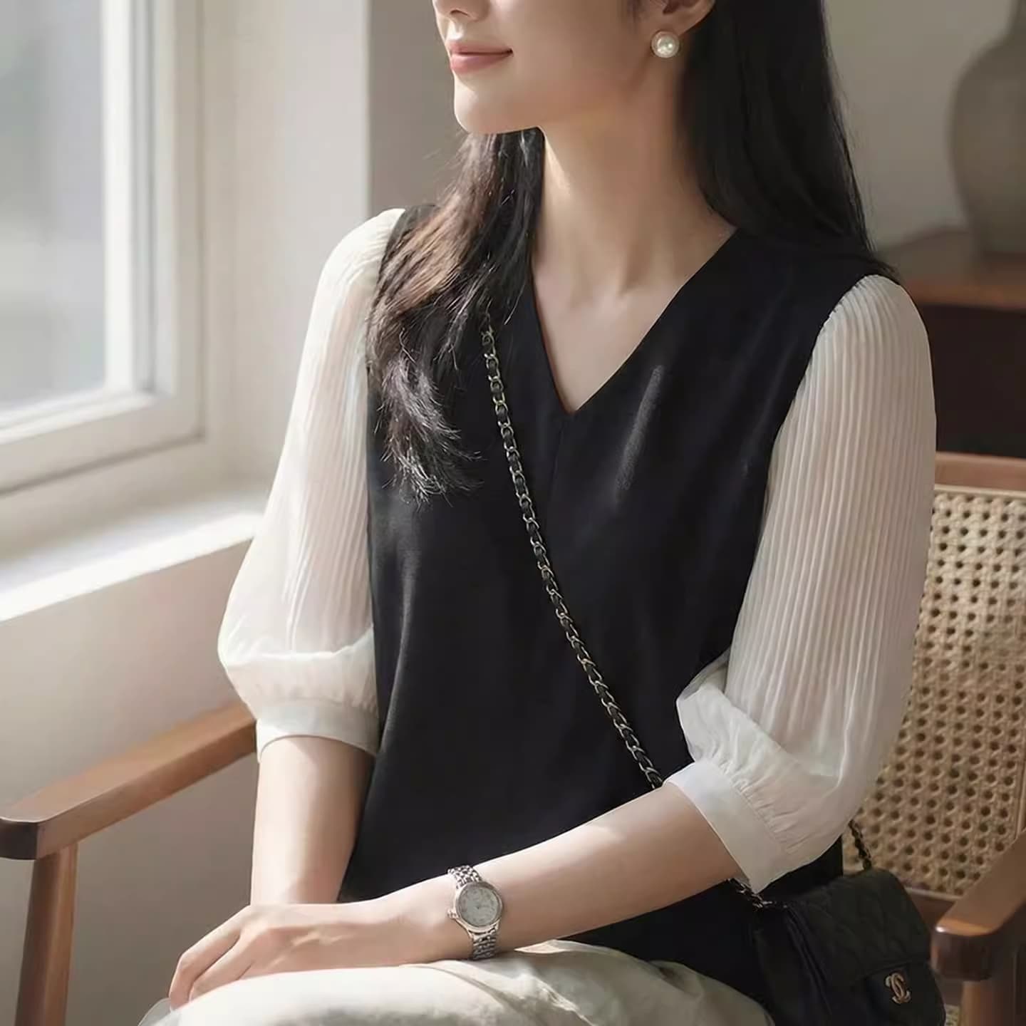 여름 쉬폰 셔츠 여성 의류 여름 드레스 2026 년 새로운 7부 소매 패션 작은 셔츠 반팔 맨위 서비스 중간 소매 트렌디 이미지 3