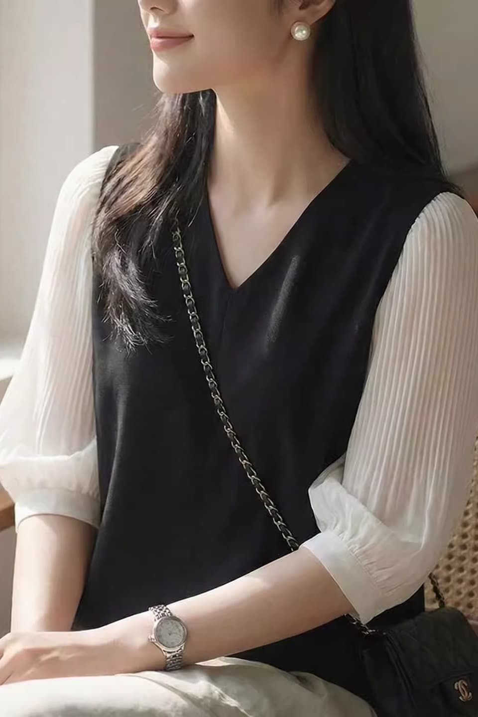 여름 쉬폰 셔츠 여성 의류 여름 드레스 2026 년 새로운 7부 소매 패션 작은 셔츠 반팔 맨위 서비스 중간 소매 트렌디 이미지 6