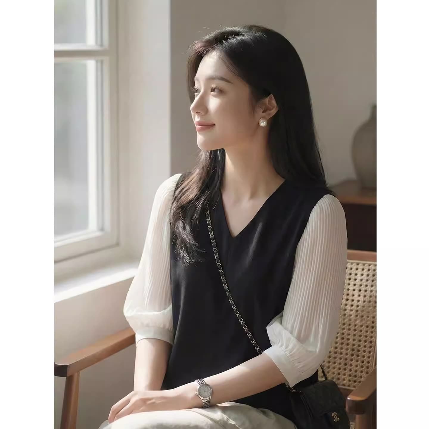 여름 쉬폰 셔츠 여성 의류 여름 드레스 2026 년 새로운 7부 소매 패션 작은 셔츠 반팔 맨위 서비스 중간 소매 트렌디 상세 이미지 1