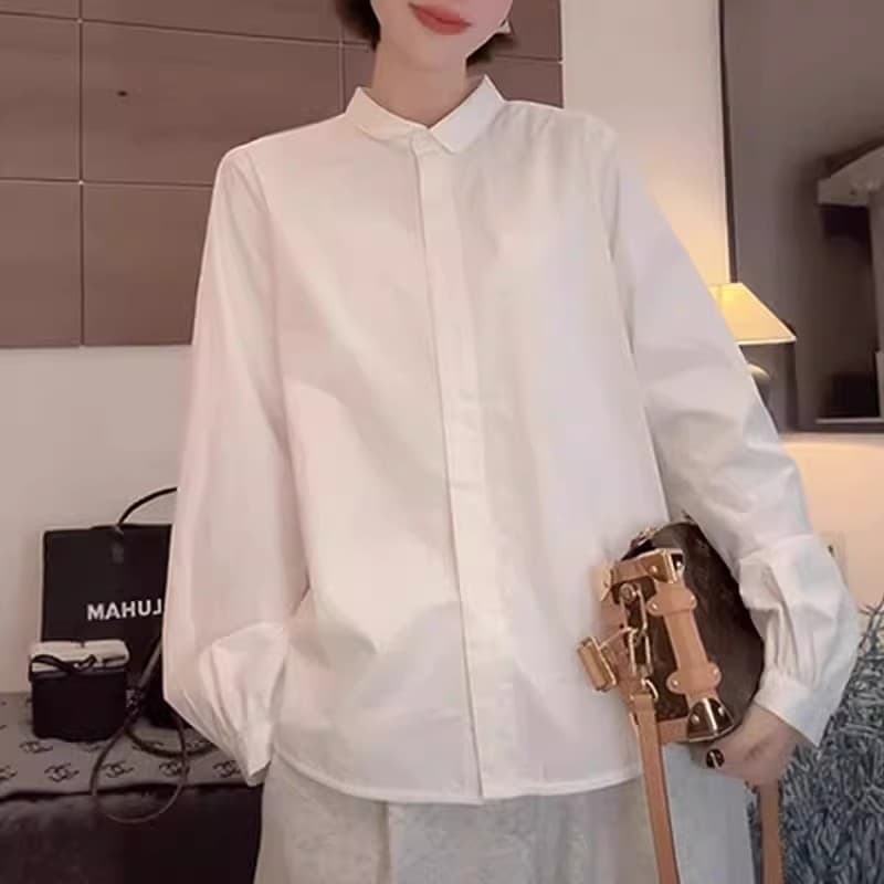 순면 한 부서 화이트 긴팔 여성 셔츠 2026 봄 새로운 루즈핏 폴로 칼라 미니멀리즘 셔츠 맨위 상세 이미지 2