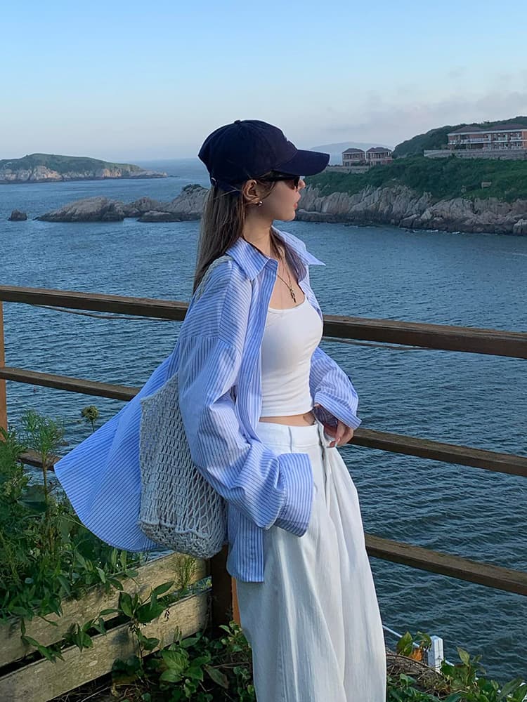 항구 바람 품격 파란색 루즈핏 POLO 칼라 셔츠 여성 코트 조기 봄 레트로 고유 한 Chic 고급 센스 맨위